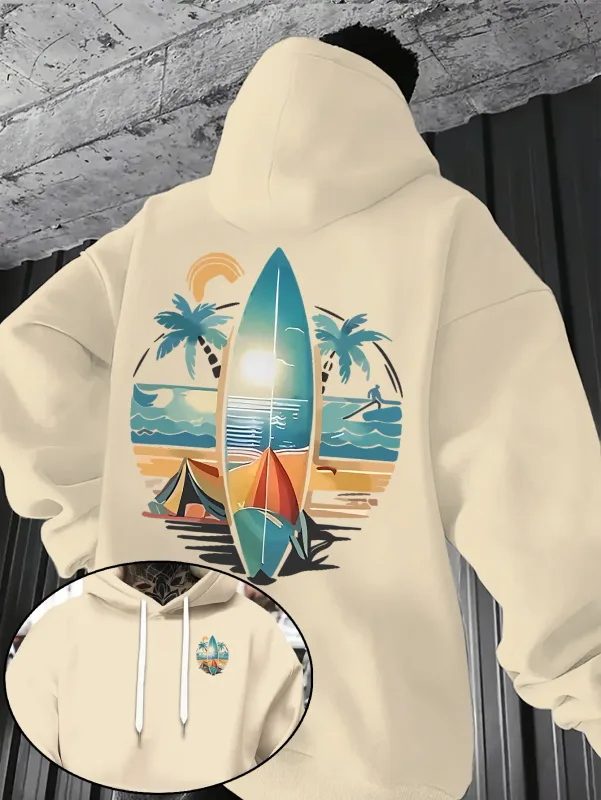 New Autumn/winter Men's Hooded Sweatshirt with Surfboard and Beach Print Loose Fit Stylish Street Style Comfortable Fit Hoodies — image 6