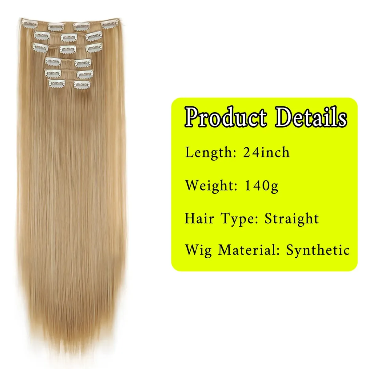 24 Inch Synthetic Clip in Hair Extensions Long Straight Heat Resistant Fiber Hairpiece for Party Cosplay Daily Wear Blonde Black