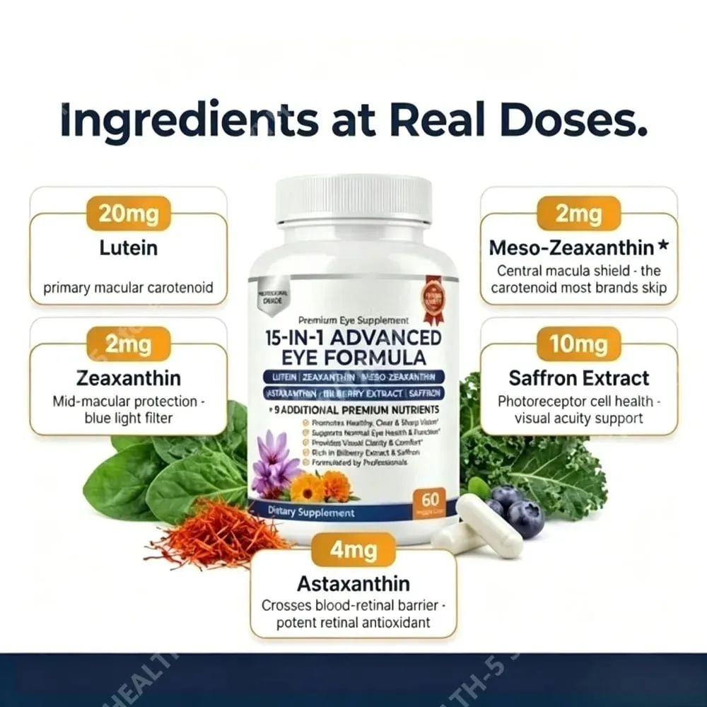 Lutein Zeaxanthin Astaxanthin Capsules with Bilberry Saffron Daily Eye Nutrition Supplement for Adults 60 Veg Capsules — image 4