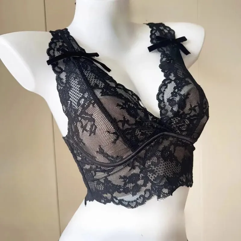 Women's French Lace Bralette Push Up Gathering No Underwire Backless Bra Sets Sexy See Through Lingerie Outerwear Camisole Top — image 2