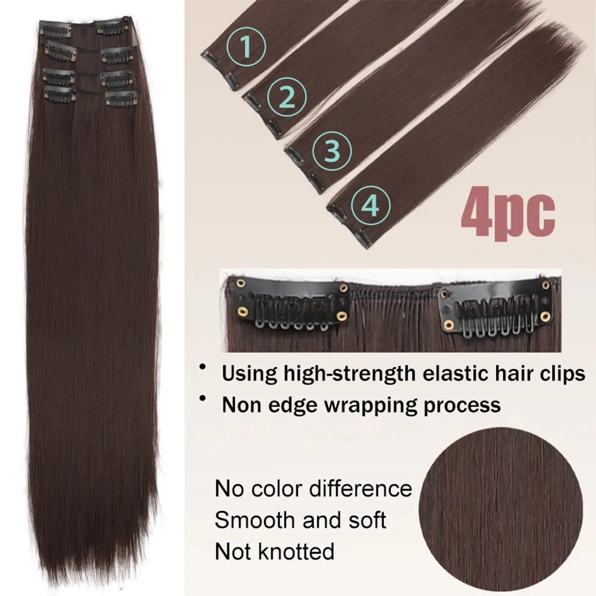 4PCS synthetic hair extension piece long straight hair wig clip heat-resistant wig piece extension on a woman's hair — image 4