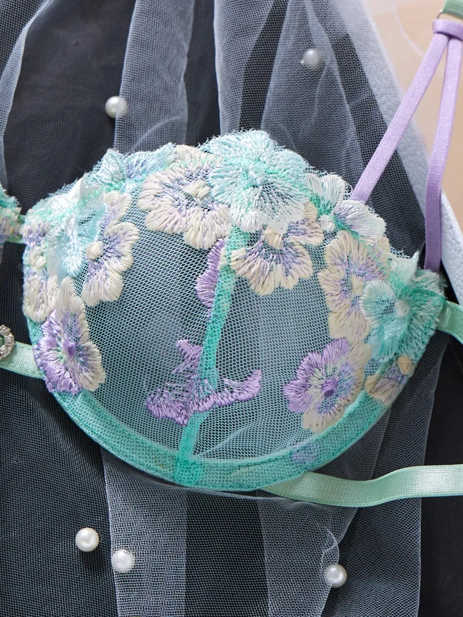 Women Sweet Flower Embroidered Lace Bra Set With Underwire Transparent Mesh Side Bow Panties Romantic Lingerie S-XL Sizes — image 5