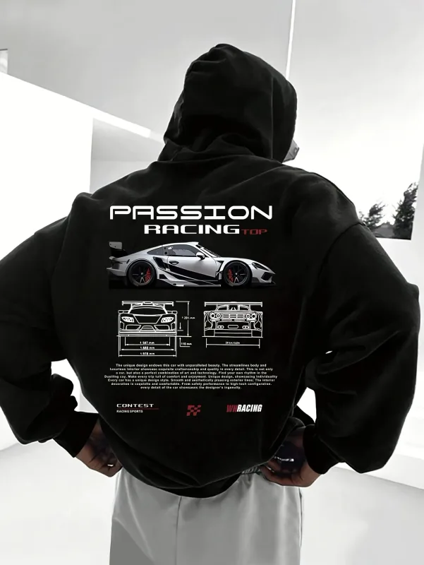 Popular digital pattern men's hooded sweatshirt with car-themed design American-style casual sports long-sleeved shirt