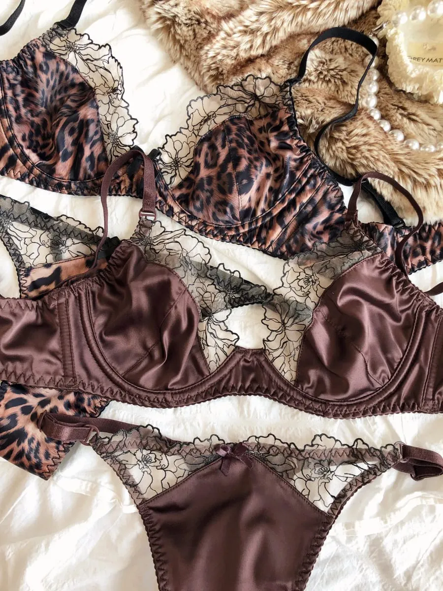 French Ultra Thin Women Lingerie Set Satin Lace Splicing Comfort Bras Leopard Print Temptation Bra and Thong Sets Underwear