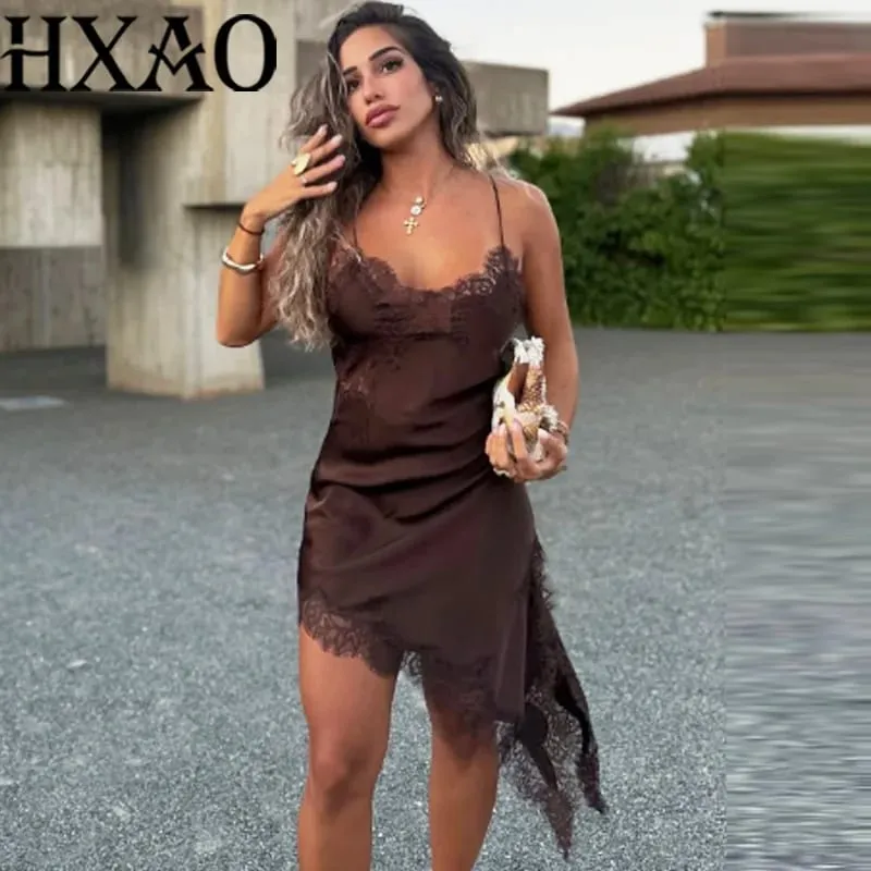 Feminino vestido de renda sem mangas deslizamento vestidos curtos mulheres verão assimétrico elegante noite vestidos sem costas sexy vestido de noite — image 1