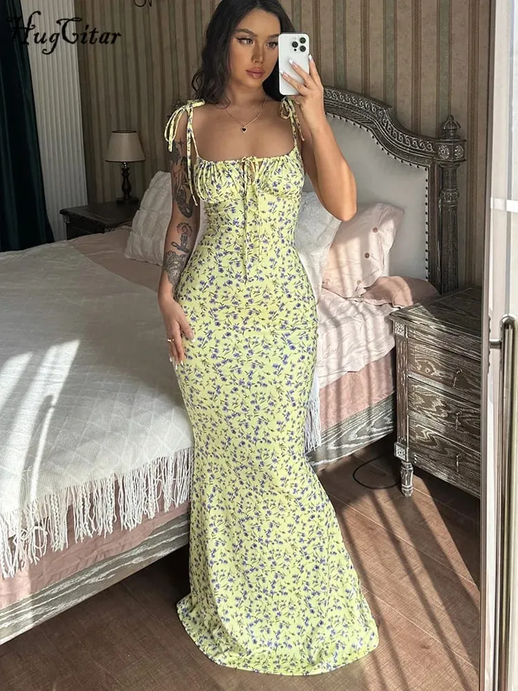 Hugcitar 꽃 프린트 민소매 백리스 슬립 레이스 업 맥시 드레스 섹시한 Bodycon 여름 우아한 의상 휴일 파티 도매 — image 5