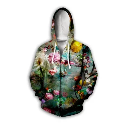 Flower Floral Pattern 3D Print Zipper Hoodies Men's Autumn Hooded Sweatshirts Oversized Streetwear Tracksuit Coat Man Clothing
