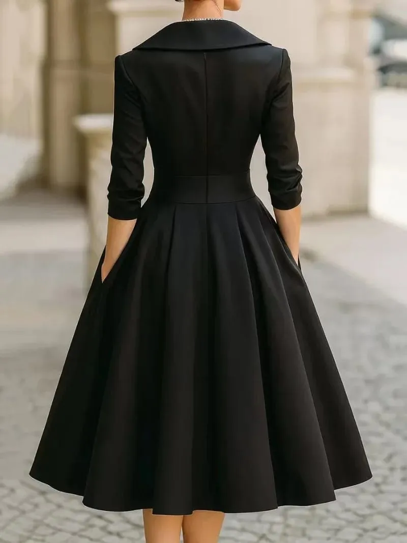 Women's Vintage V Neck Long Sleeve Wrap Waist A Line Midi Dress with Pockets — image 2