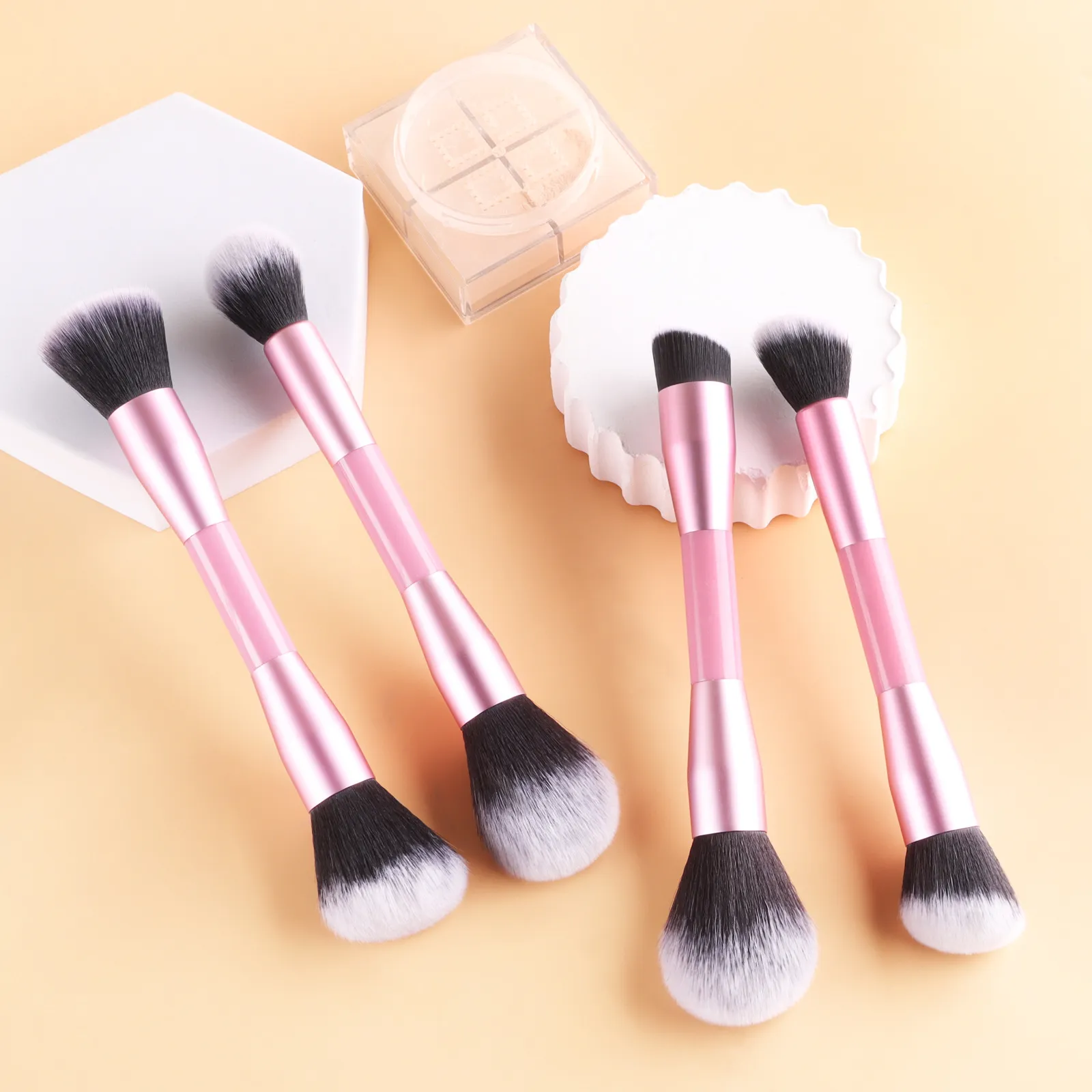 4Pcs Pink Double-Ended Makeup Brushes Set Easy Grip Plastic Handle Eyeshadow & Loose Powder Brushes