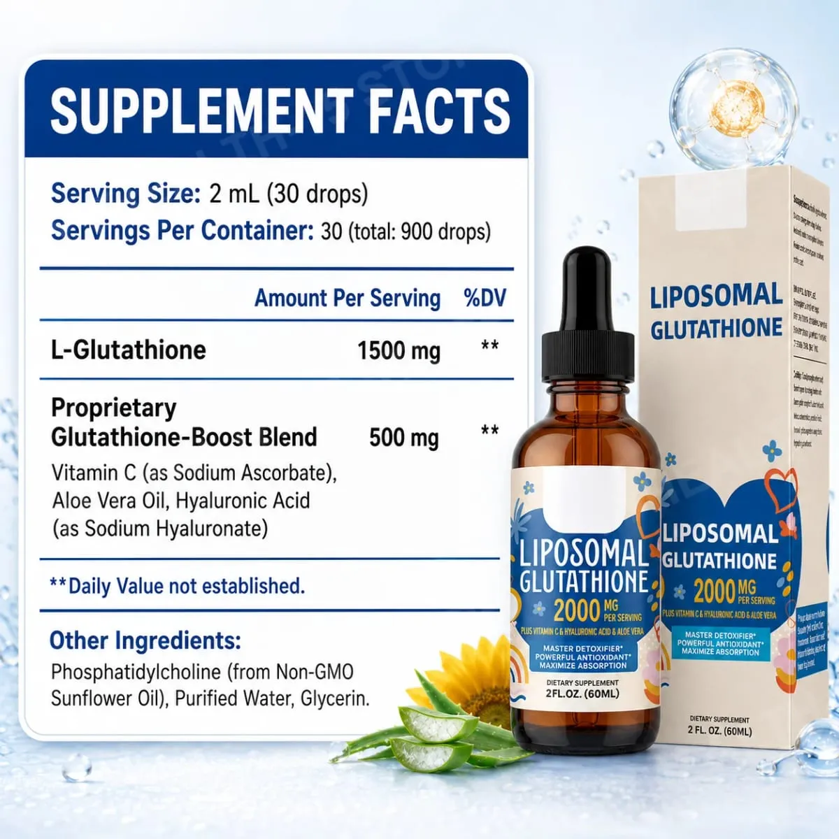 Cecair Liposomal Glutathione Turun 1500mg dengan Vitamin C Asid Hyaluronik & Aloe Vera untuk Sokongan Cahaya Kecantikan dan Penghidratan — image 2