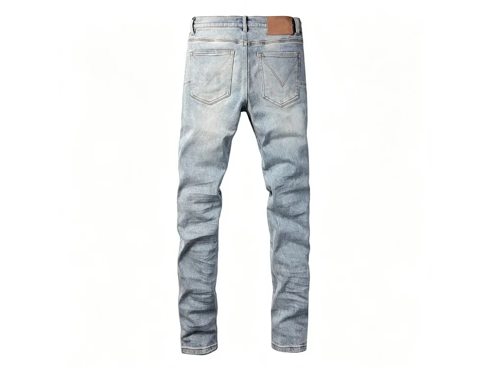 Men's Large Knee Ripped Slim Tapered Jeans Vintage Light Blue Wash Frayed Edges Button Fly High Street Style — image 9