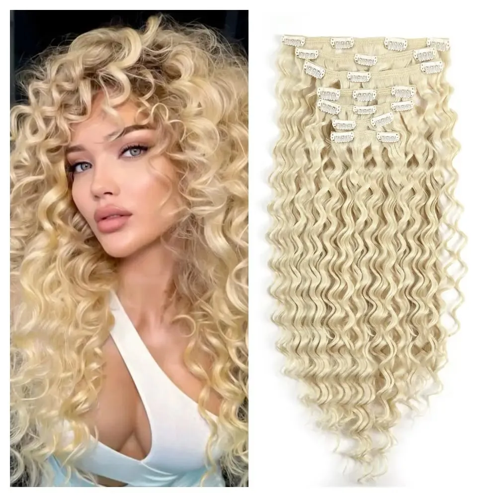 Clip sintetica a onda profonda da 24 pollici nelle estensioni dei capelli 7 pezzi / set 140g capelli finti testa piena parrucchino clip ricci capelli per le donne