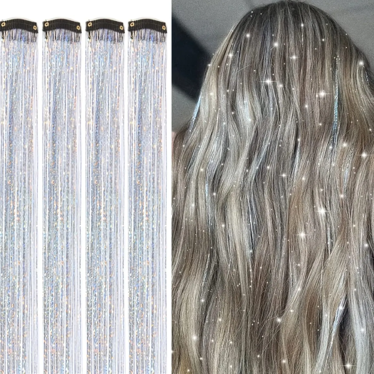 4pcs Clip-In Hair Tinsel Extensions Sparkly Holographic Glitter Hair Strands with Snap Clips Reusable Easy-To-Wear Hair