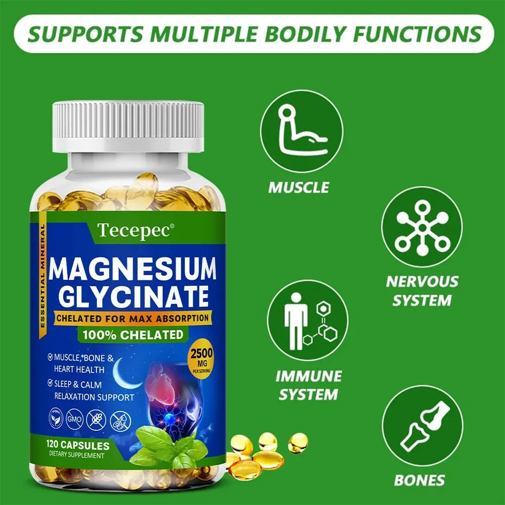 Magnesium Glycinate Capsules 2500mg - Dietary Supplement for Muscle Nerve Bone and Heart Support - Gluten Free Non-GMO