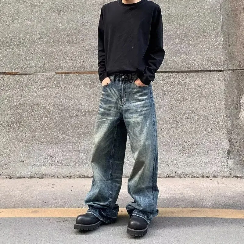 Men's Wide Leg Jeans Baggy Denim Pants Y2K Vintage Streetwear Loose Straight Casual Trousers