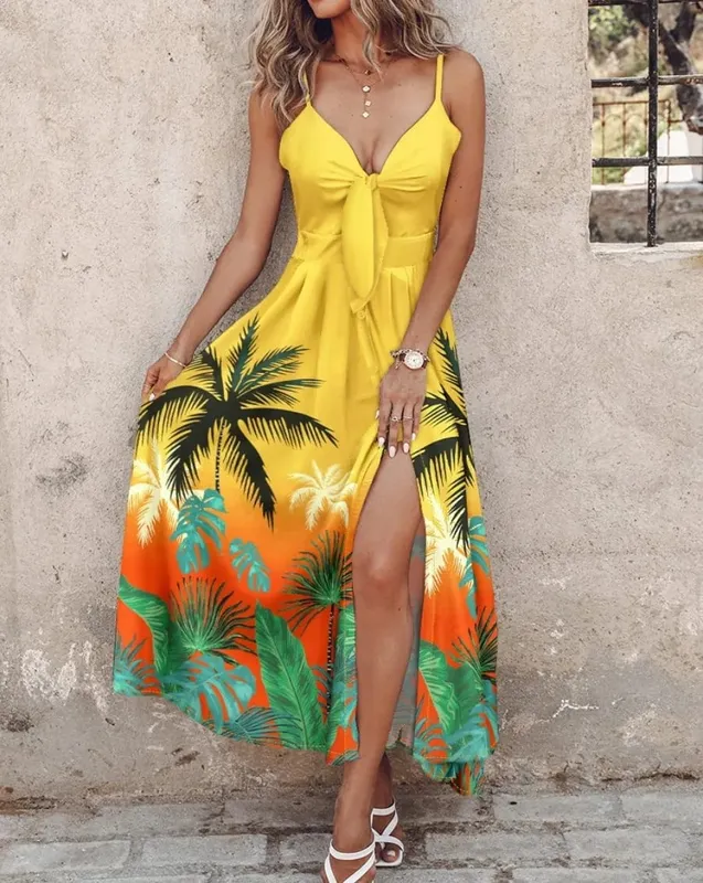 Women's V Neck Spaghetti Strap Feather Print Maxi Dress with Front Tie and High Side Slit for Summer Evening Party Wear — image 4