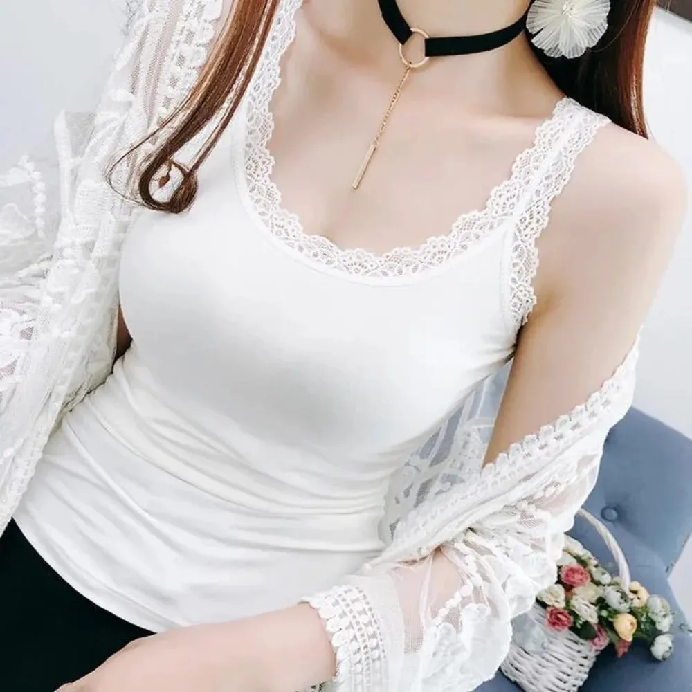 Casual U Neck Summer Tank Tops Sleeveless With Lace Fitted Tops Underwear Loose Cami Top Shirt for Women