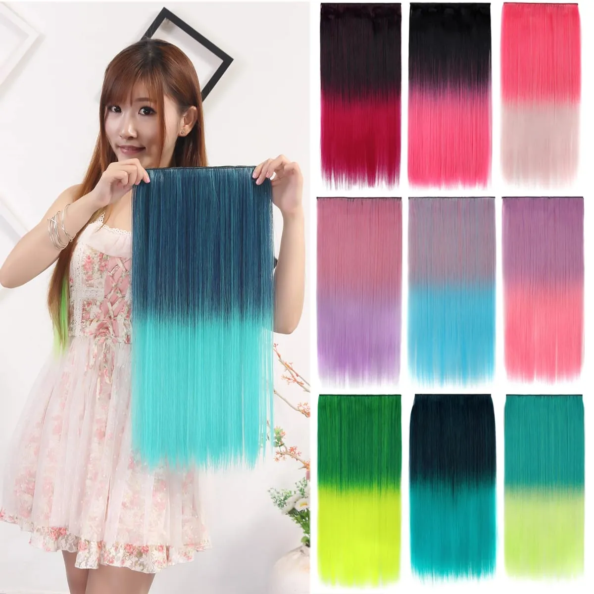 Jeedou Rainbow Hairpieces Clip In Hair Extension Ombre Color One Piece With 5Clips Straight Hair Wig For Girls Halloween Cosplay — image 2