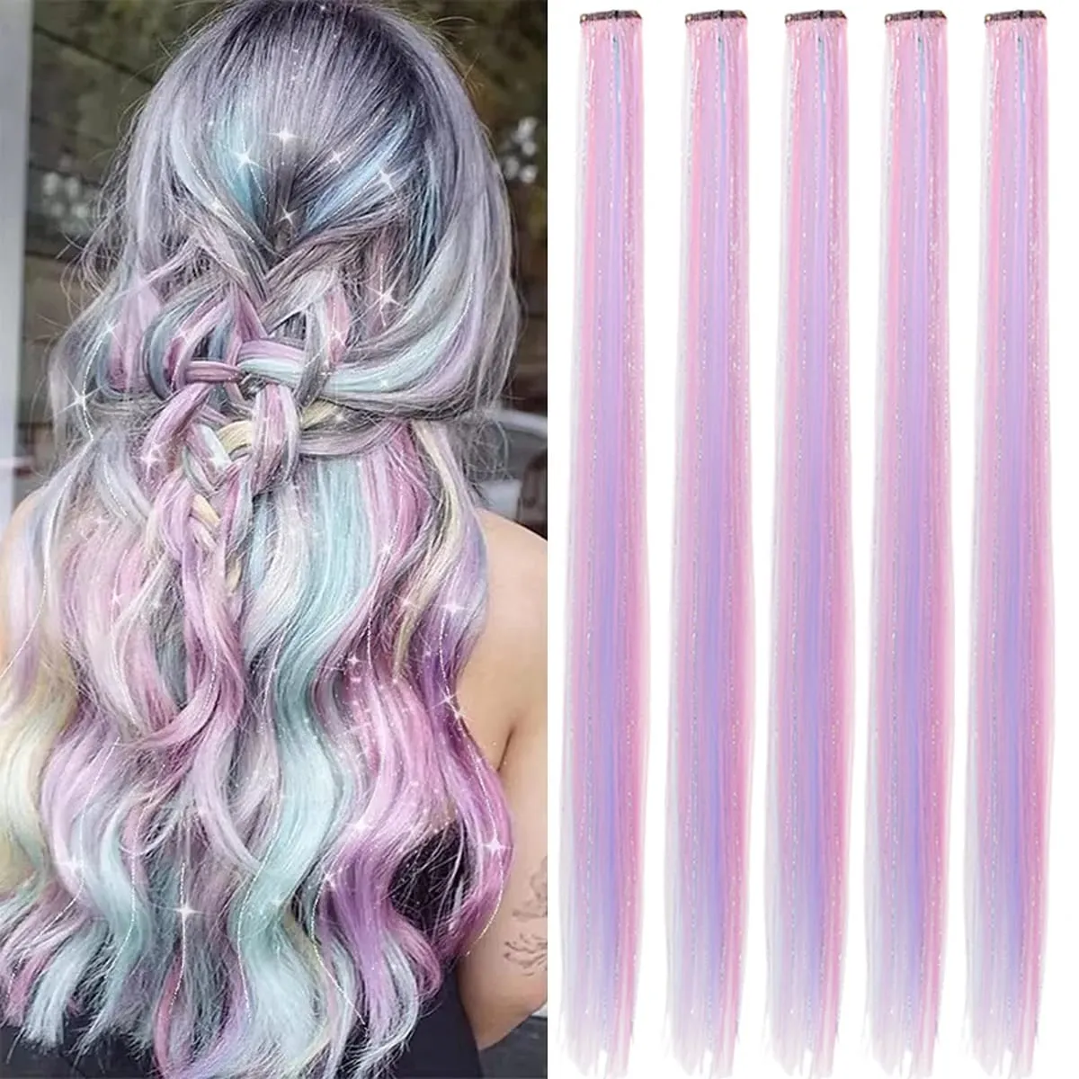 5PCS Synthetic Clip In Rainbow Tinsel Hair Extensions Colorful Glitter Sparkle Hair Shiny Hair Hairpieces For Women Girls — image 2
