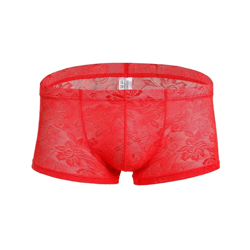 Men's Ice Silk Transparent Floral Lace Boxer Briefs Breathable Cool See-Through Underwear 5 Colors Available