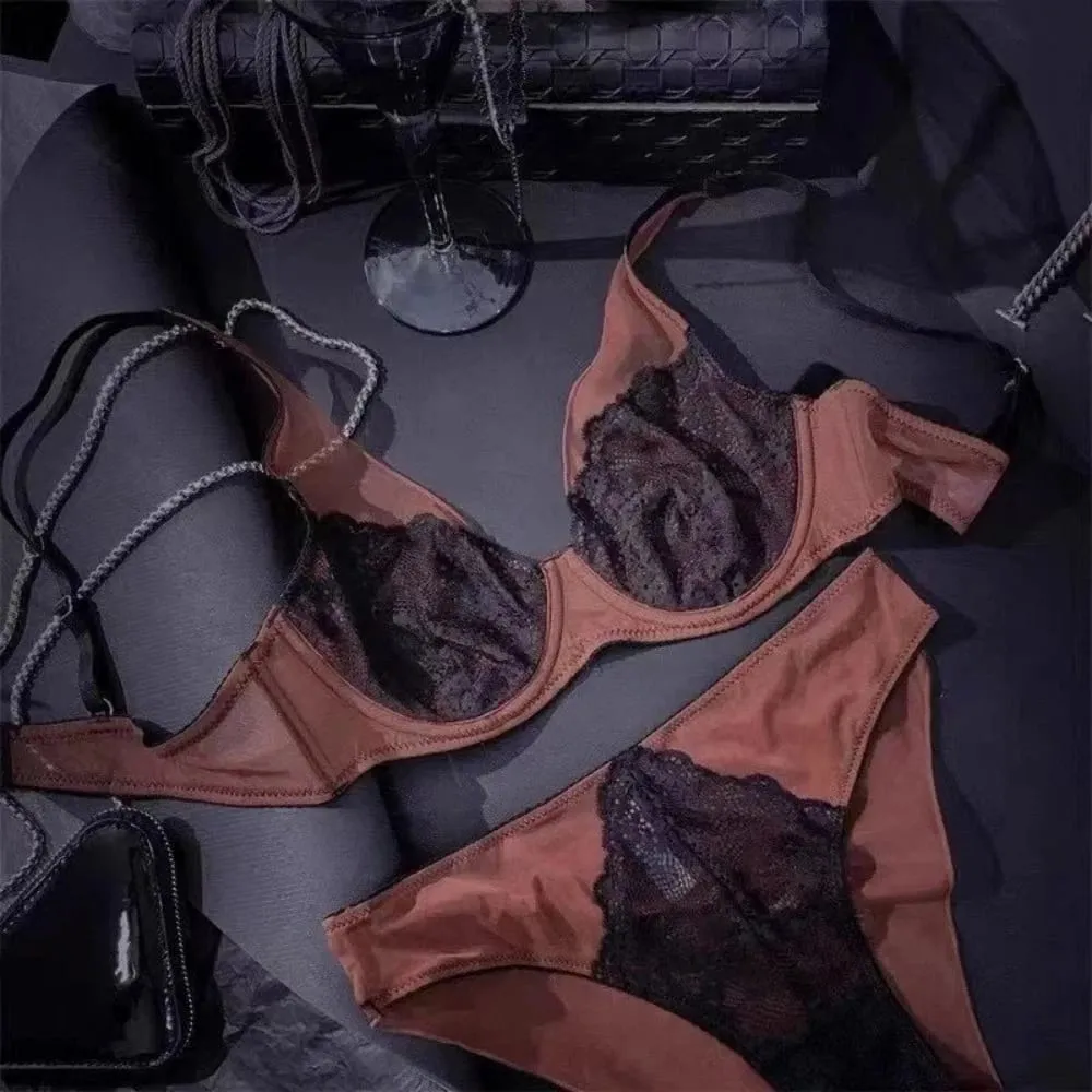 French Vintage Mesh Lace Flower Bra Set Brassiere Lingerie Push Up Bra Women Seamless Underwear Lace Floral Underpants Girl — image 2