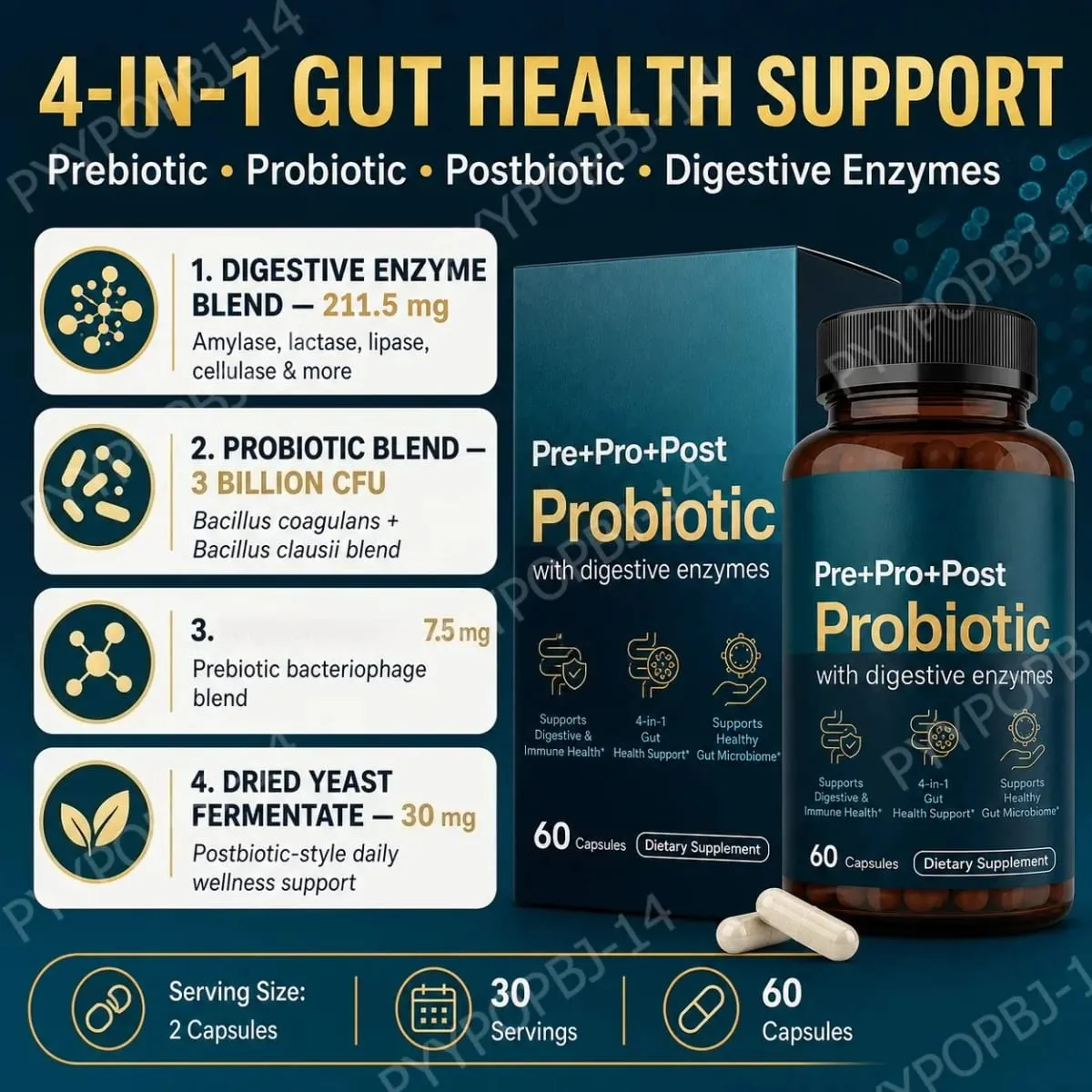 Premium 4-in-1 Probiotic Prebiotic Postbiotic Digestive Enzymes for Men&Women Supports Gut Digestion Immunity 60 Capsules — image 4