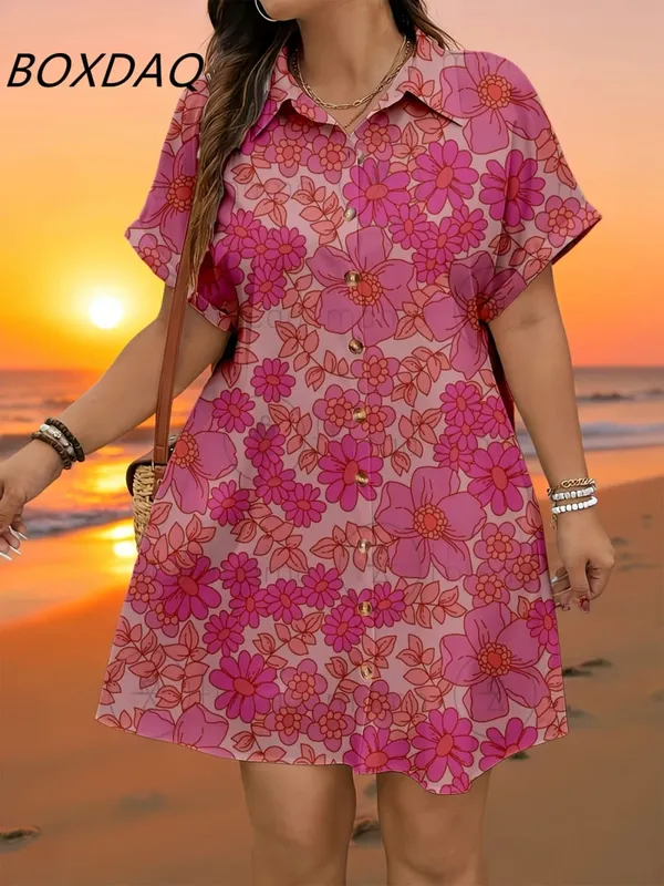 Short Sleeve Flower Pattern Fashion Women Mini Dresses Summer 3D Printed Street Elegant Casual Ladies Shirt Dress Plus Size 3XL — image 8