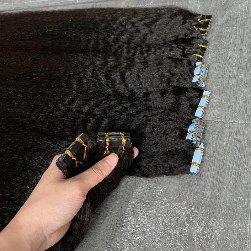 Kinky Straight Invisible Tape In Hair Extensions 100% Raw Virgin Human Hair Adhesive Seamless PU Skin Weft Full Head 40pcs — image 5