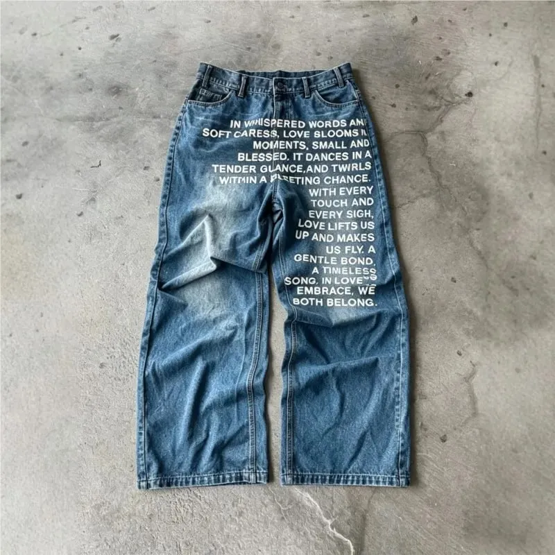 American Retro Men Alphabet Patterned Letter Jeans High Street Clothing Y2K Goth Women Unisex Baggy Casual Wide Leg Mopping Pant