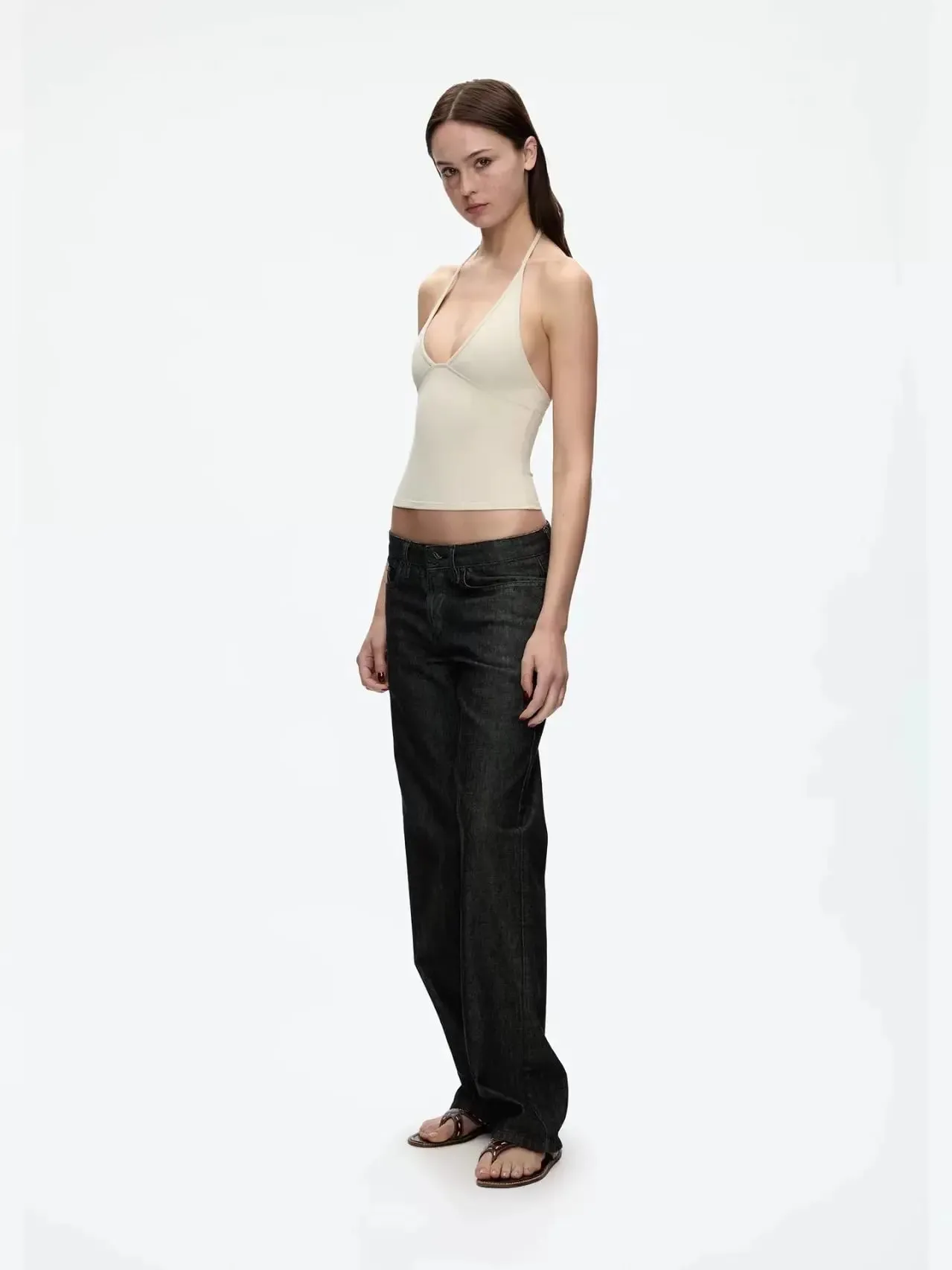 Tank Vest Deep V Halter Solid Color Basic Sleeveless Top Soil Brown Camisole — image 4