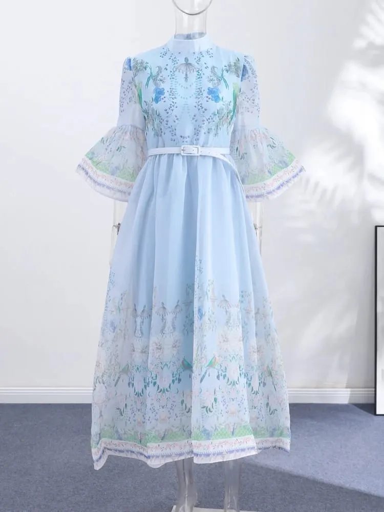 Elegant Printed Belted Maxi Dresses Women Slim Puff Sleeve Lace-up Stand Collar Dress 2026 New Ladies Summer Party Evening Grown — image 1
