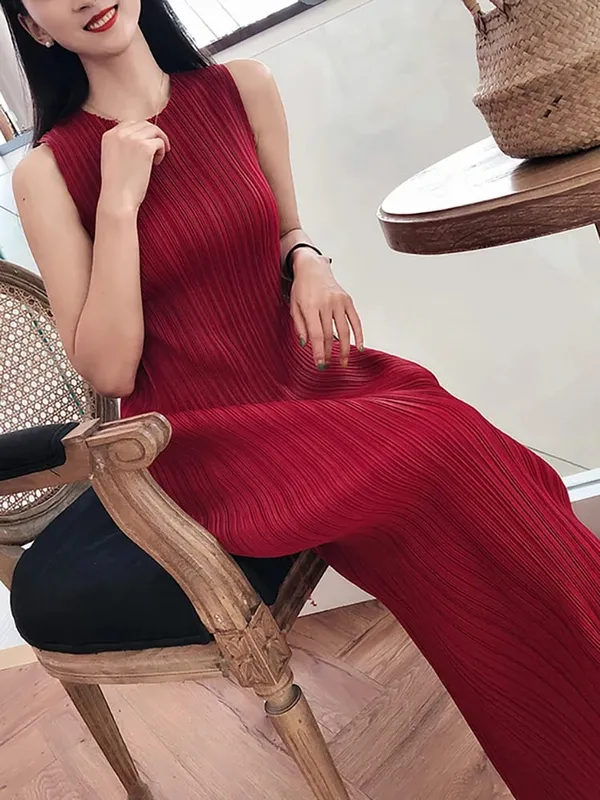 Miyake Pleated 여성 드레스 여름 민소매 긴 클래식 한국 패션 캐주얼 우아한 여성 Lce 워터 블루 비치 드레스 TP5045
