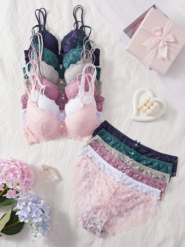 6-Piece Set Women's Underwear Set Sexy Patterned Lace Patchwork No Lining Comfortable Fitting Women's Push-Up Bra Sexy Lingerie — image 17