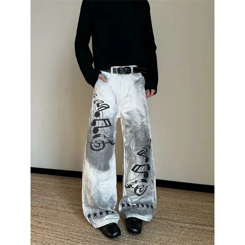 2026 New Retro Graffiti Printed White Baggy Jeans For Men High Street Straight Wide Leg Denim Pants Hip Hop Graphic Y2K Jean — image 9