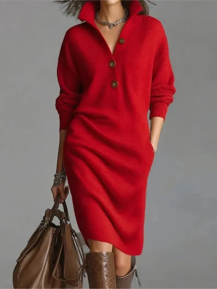 Autumn Fashion Knitted Button Lapel Women Dress Casual Loose Pocket Lazy Straight Over The Knee Long Sleeve Sweater FemaleDress — image 5