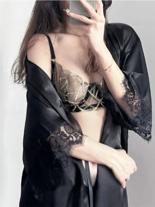 Luxury Lace Shiny Gold Embroidery Sexy Lingerie Set Women Bra + Thong Panties Transparent Erotic Night Party Intimate Underwear — image 8