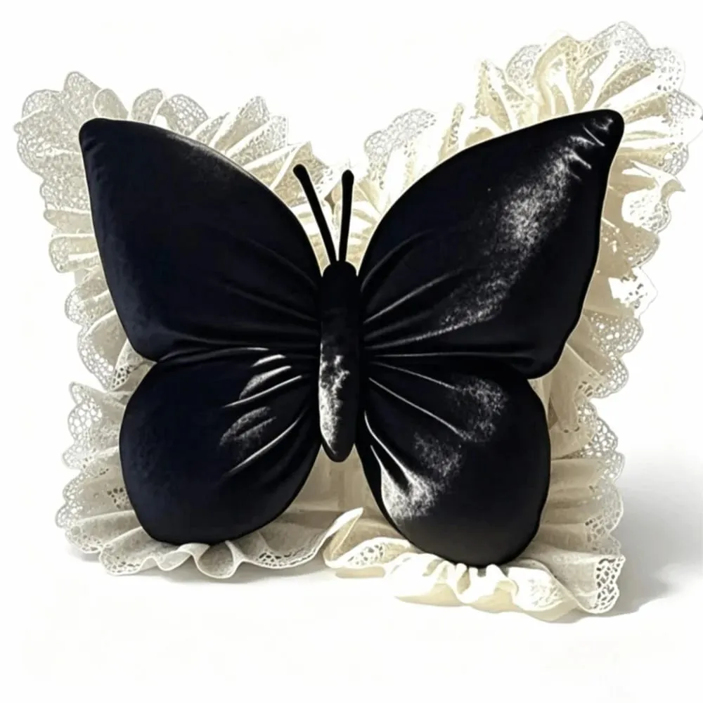 Home Decor Velvet Butterfly Plush Pillow Soft Lace Trim Bow Plush Cushion Plush Cute Bow Throw Pillow Bedroom