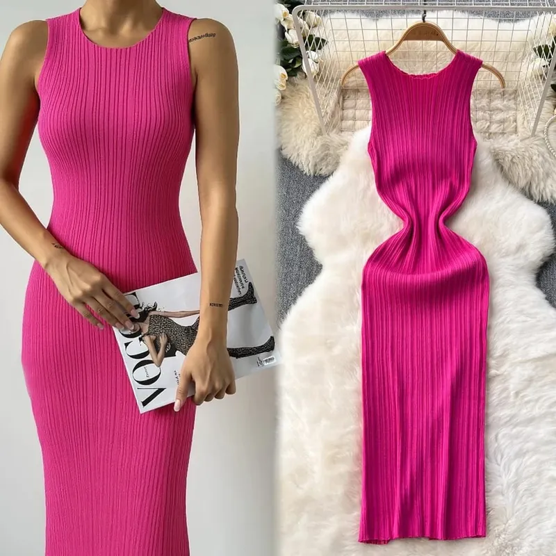 YuooMuoo Chic Fashion Sexy Wrap Hips Knitted Maxi Dress 2026 Spring Summer Ribbed Slim Elastic Sleeveless Tank Dress Lady Vestid