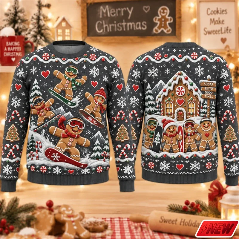 Christmas Ugly Sweater Men Holiday Gift Trendy 3D Print Funny Skateboarding Gingerbread Man House Pattern Pullover Unisex Hoodie — image 8