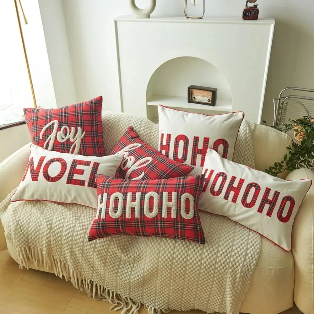 New Christmas Plaid Print Letter Embroidery Cushion Cover Decorative Throw Pillow Case for Sofa — image 1