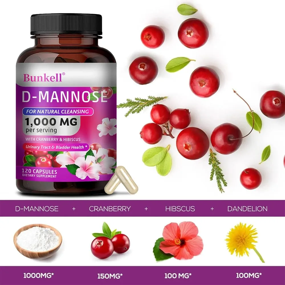D-Mannose 1000mg Capsules - Cranberry Dandelion Hibiscus Support Urinary Tract Bladder Health Internal Cleansing & Immune