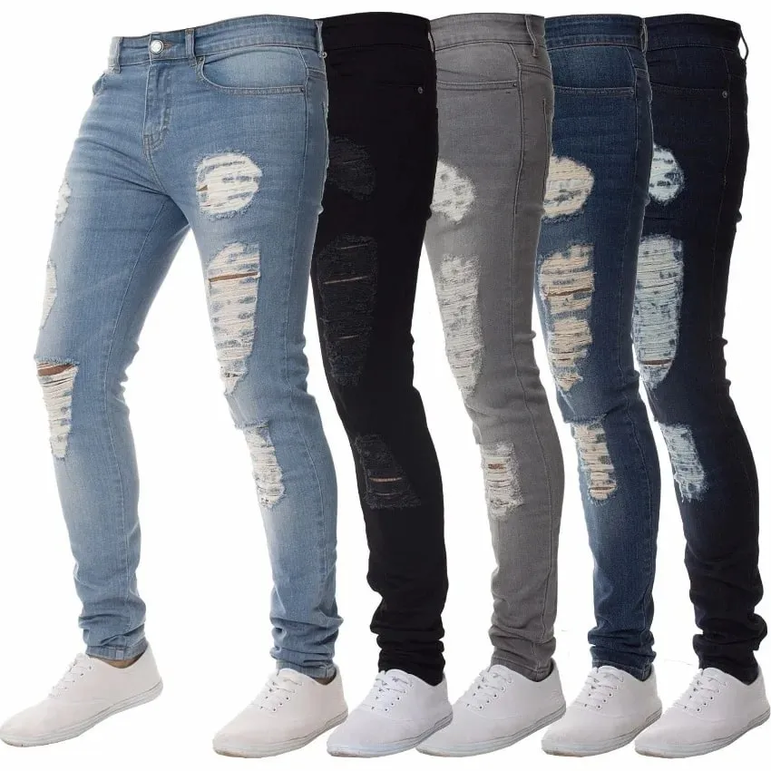 Men High Waist Black Ripped Skinny Jeans Fashion Hole Design Trendy Casual Denim Long Trousers — image 9