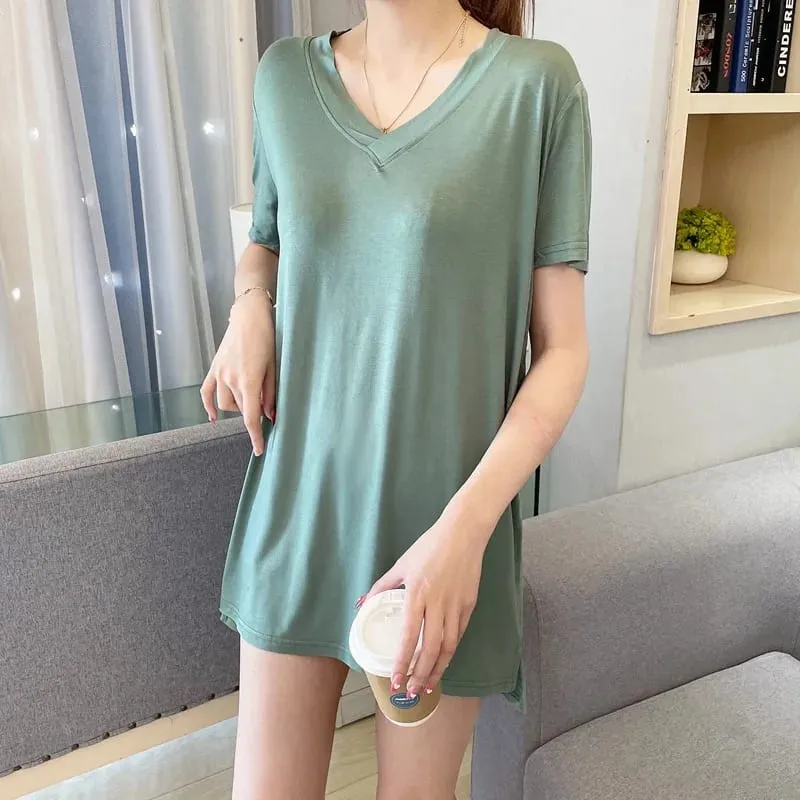 Loose Modal Short Sleeve V-Neck Midi Dress Thin Home Clothes Sleepwear Women's Base Skirt Comfortable plus Size Casual Style — image 10