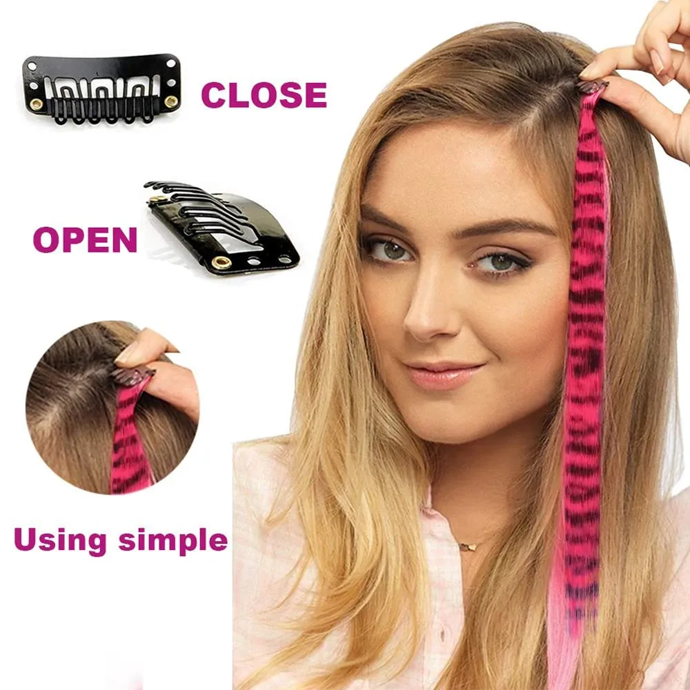 18' 7 Pcs Rainbow Long Straight Zebra Print Synthetic Feather Clip in Hair Extensions for Women Ideal Halloween Christmas — image 6