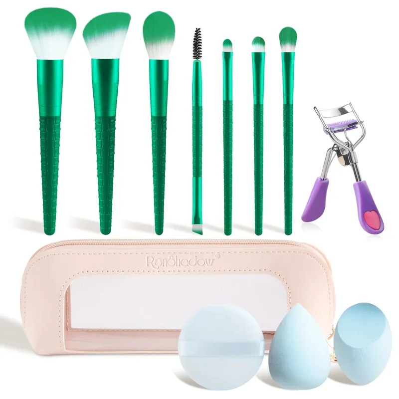 12Pcs Complete Makeup Tool Kit 7 Makeup Brushes 2 Beauty Sponges Eyelash Curler Powder Puff Storage Bag Full Cosmetic Set