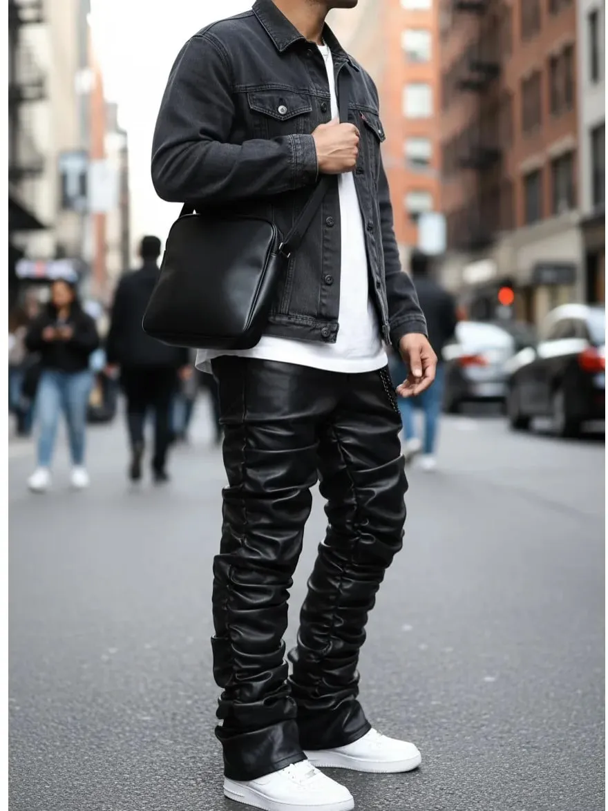 【HME】Men's Jeans | Black Wax Coated Denim Pants Faux‑Leather Look Stacked Ruched Denim Jeans For Men Full‑Length Wrinkle Pleat Design Tough Coated Denim Fabric Street‑Fashion Stacked Fit Male Trousers — image 2