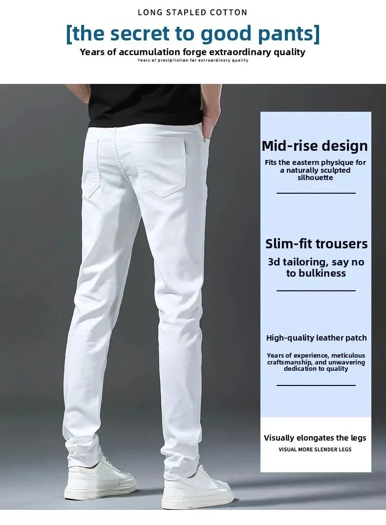 Mens Straight Elastic Waist Jeans 2025 Autumn Winter Fashion Brand Comfortable Versatile Pants Slim Fit White Jeans High Street — image 9