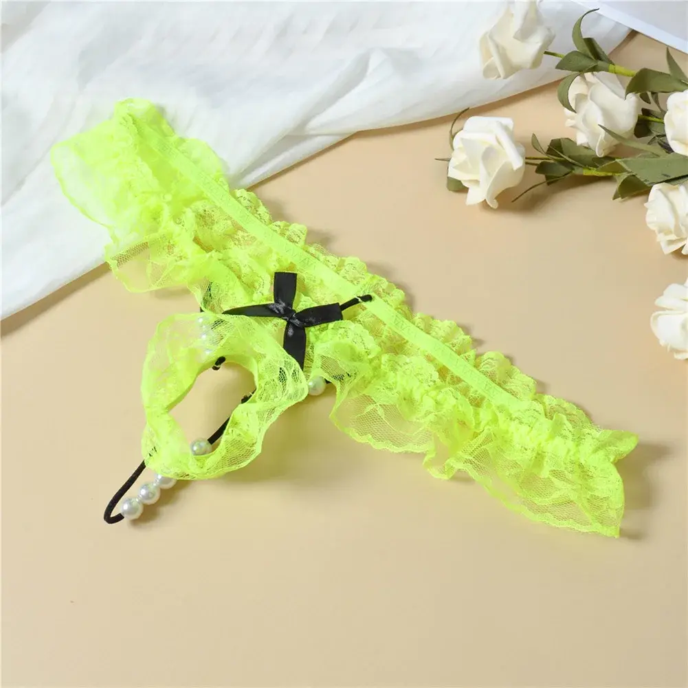 Men Lace T-Back Underwear Bow Elastic Waist G-String Pearl Lingeries For Man Sissy Panties Sexy Accessories Thongs Men's Panties — image 8