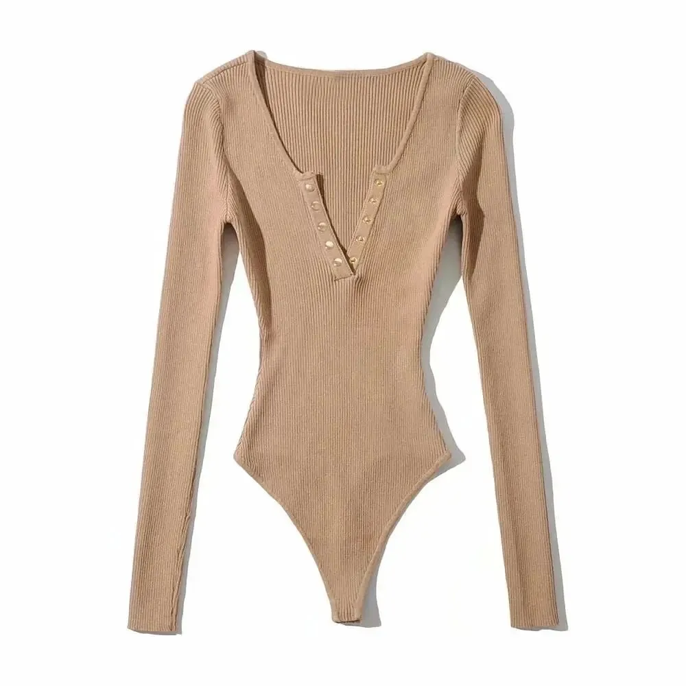 Long Sleeve Gold Button Detail Slim Fit V-Neck Bodysuit Sexy Elegant Wear Spring Autumn Women's Trendy Ribbed Knit Bodysui — image 11