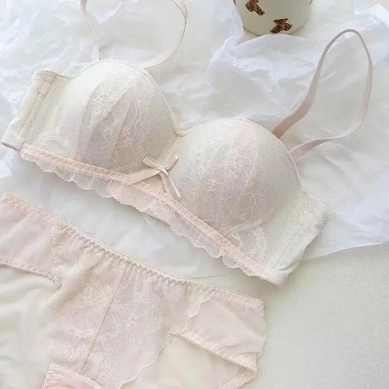 French Lace Half Cup Bra Set Wireless Push Up Small Breast Enhance Lift Anti Sagging Comfort Sexy Lingerie Set for Women